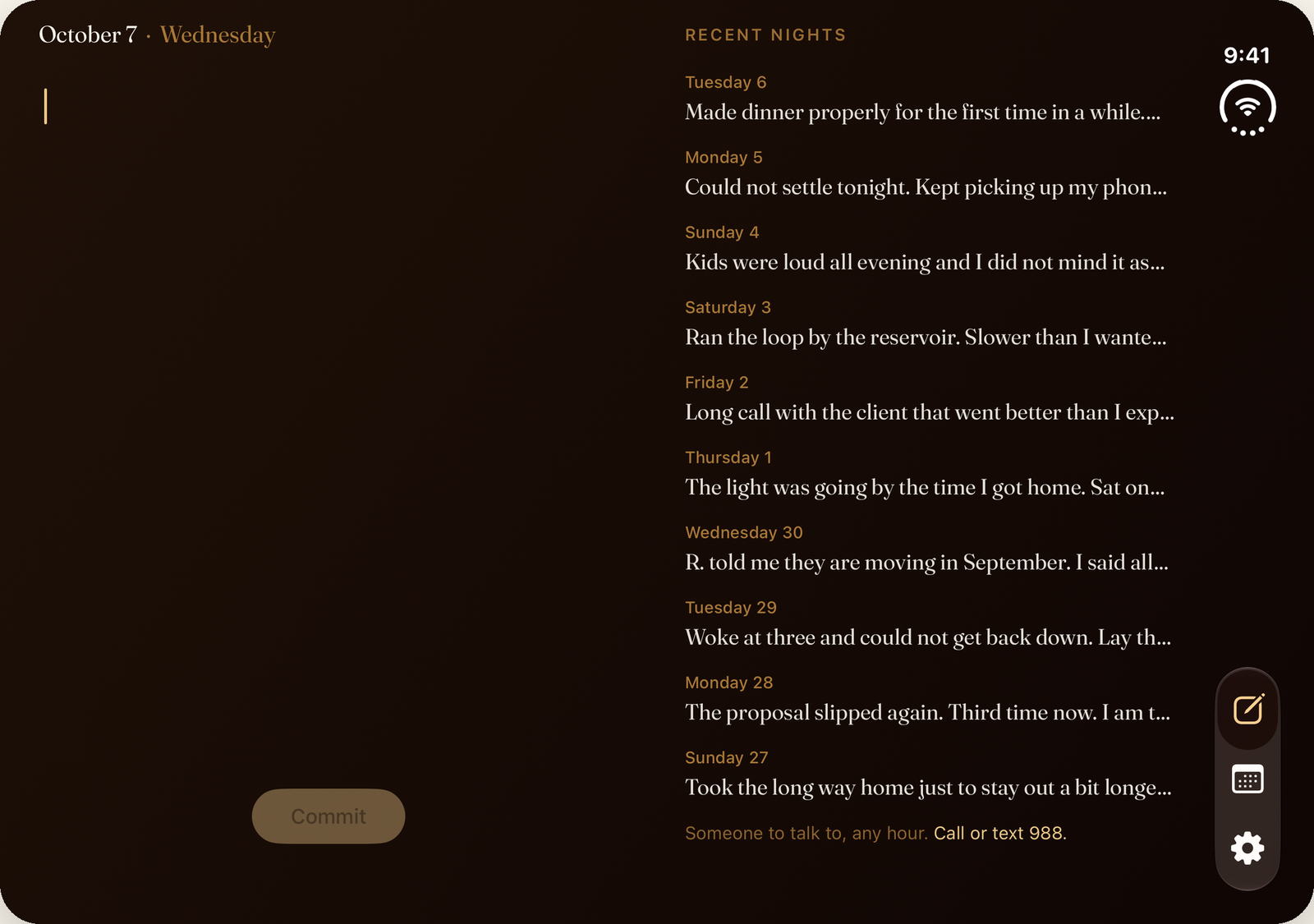 Vesperine on the unfolded iPhone Duo: tonight's empty page on the left, a column of recent nights on the right.