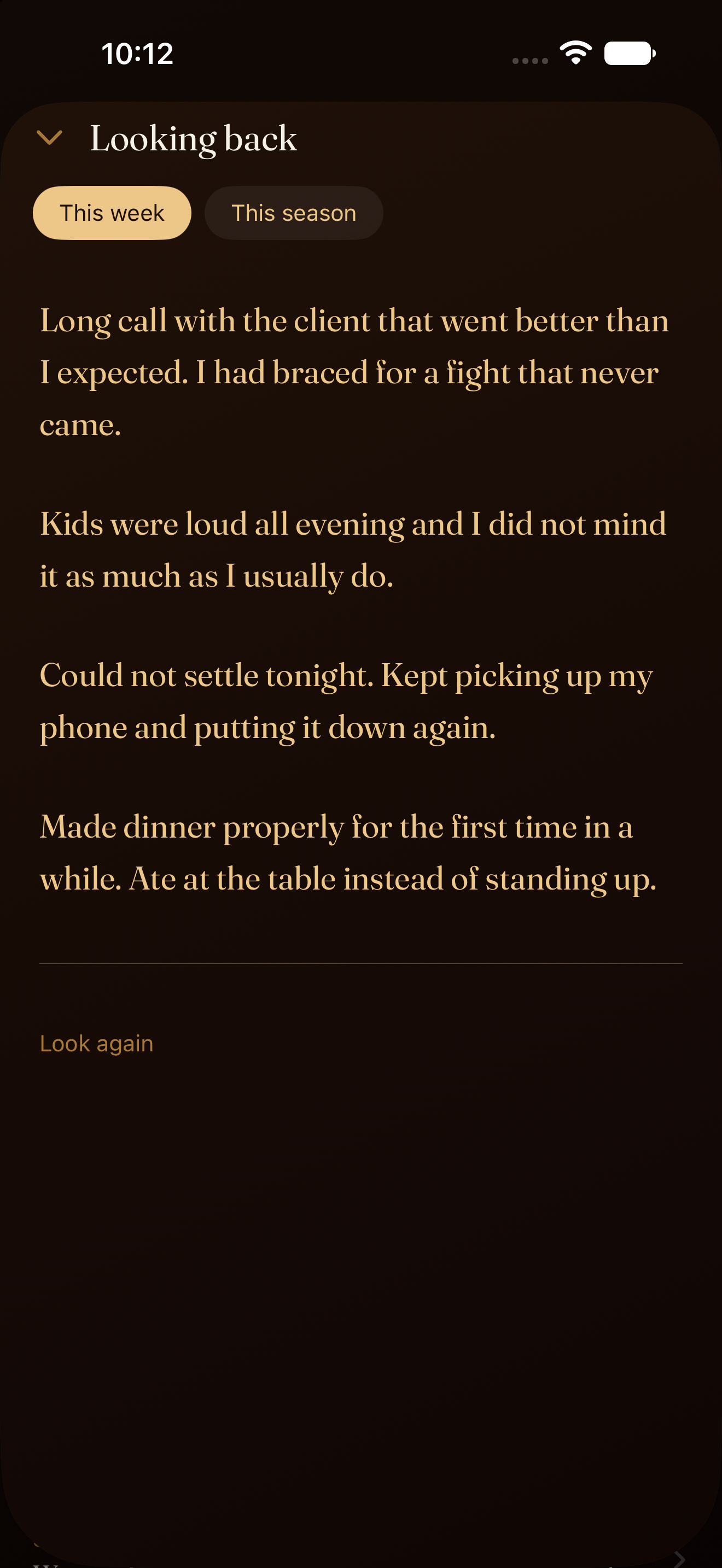 The Looking back sheet, showing several passages lifted from earlier entries, each set in warm serif type.
